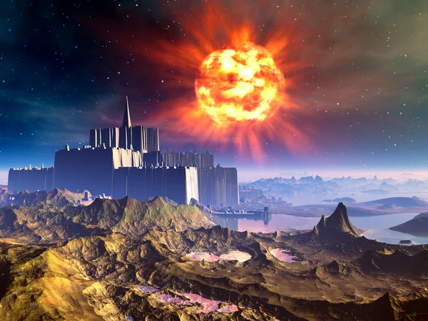 Alien-Burg Festung unter einer explodierenden Sonne lizenzfreie Stockfotos
