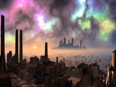 Two Ancient Alien Cities with Aurora Sky clipart