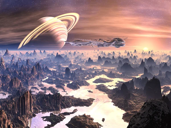 Alien-Raumschiff über feindlichem Terrain lizenzfreie Stockbilder