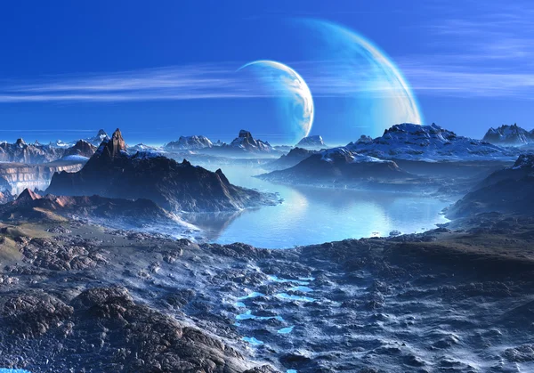 Blue Planets in Orbit over Mountains and Lakes Stock Image