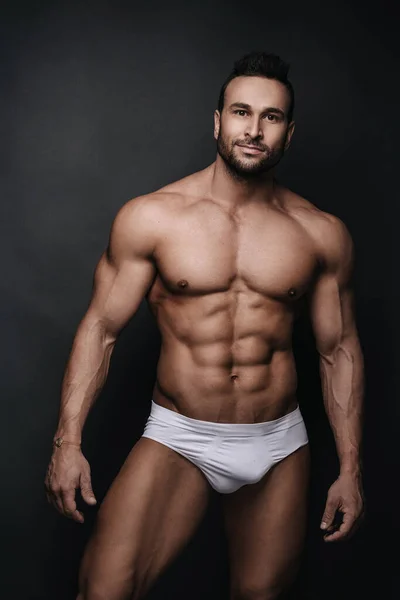 Handsome Man White Underwear Standing Studio Dark Grey Background — Stock Photo, Image