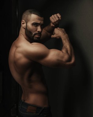Stüdyoda boks pozu veren fitness erkek modelinin profil portresi