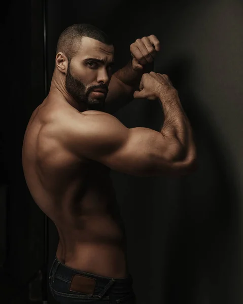 Stüdyoda boks pozu veren fitness erkek modelinin profil portresi