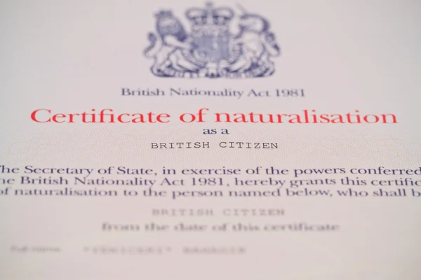 Britse burgerschap certificaat — Stockfoto