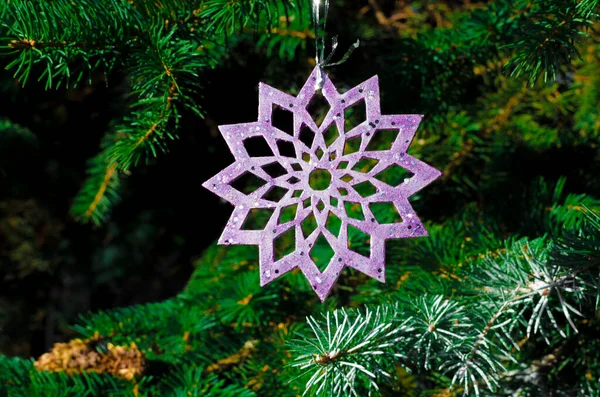 緑のモミの枝に装飾的な新年の木製のクリスマスの装飾 高品質の写真 — ストック写真