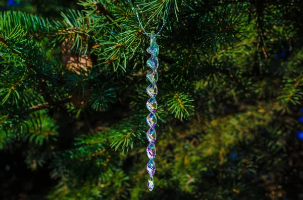 Pequeño Carámbano Transparente Colgante Árbol Navidad Foto Alta Calidad —  Fotos de Stock