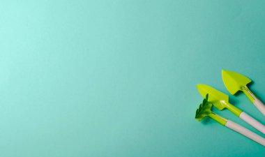 Açık mavi arka planda bahçe aletleri. Yüksek kalite.