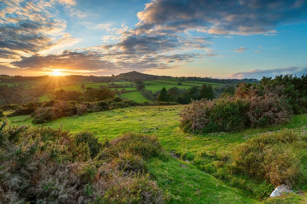 Krásný Západ Slunce Nad Národním Parkem Dartmoor Výhledem Brentor Tavistocku — Stock fotografie