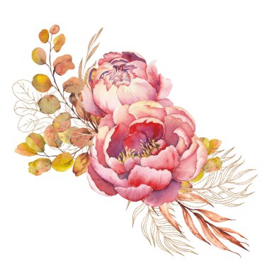 Şakayık ve okaliptüslü çiçek buketi.