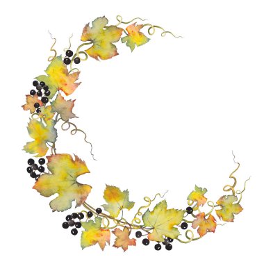 Üzüm yaprakları ve böğürtlenlerle sonbahar demi çelengi.