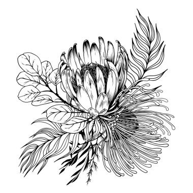 Egzotik protea çiçekleri ve yapraklarıyla çiçek aranjmanı.