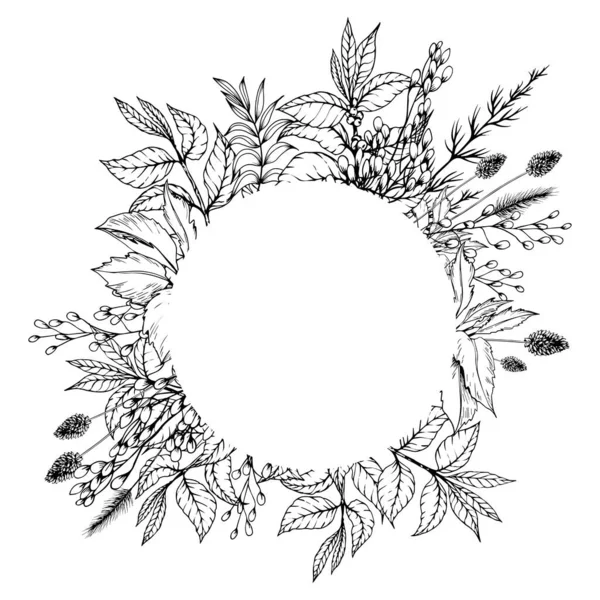 Marco floral blanco y negro. Ilustración vectorial dibujada a mano. — Archivo Imágenes Vectoriales