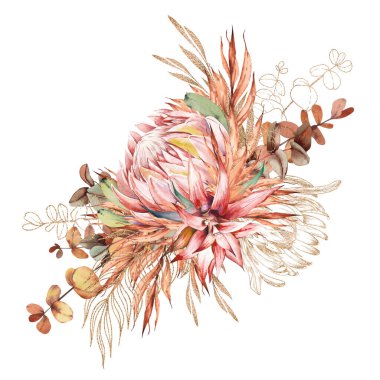 Egzotik prota çiçeği ve okaliptüs düzenleme.