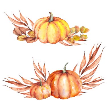 Kurumuş yapraklı sonbahar balkabağı kompozisyonları.