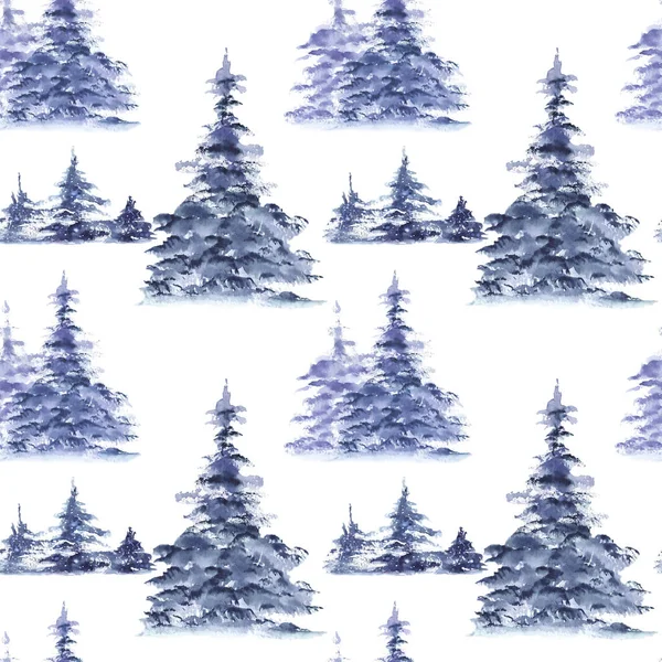 Modèle sans couture avec des pins forestiers enneigés bleus. — Photo