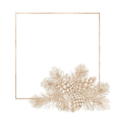 Beyaz arka planda çam dalları çerçevesi. Altın çizgi grafik illüstrasyonu.