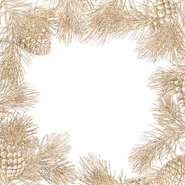 Quadro de ramos de pinho de ouro. Ilustração gráfica desenhada à mão. — Fotografia de Stock
