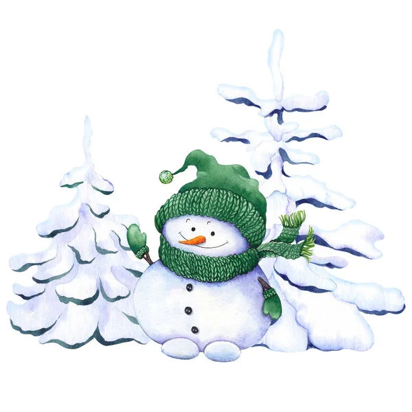 Kerstkaart met leuke sneeuwpop en dennenbomen. — Stockfoto
