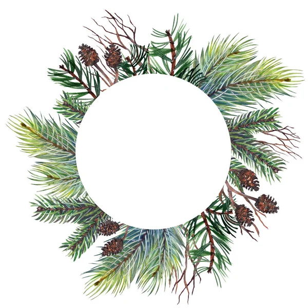 Round frame with pine branches and cones. — Stock Fotó