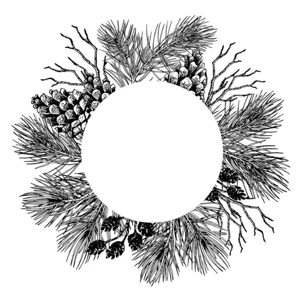 Black and white forest branches round frame. — Stockvector