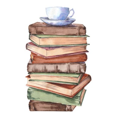 Üstünde kahve fincanı olan bir yığın eski kitap..