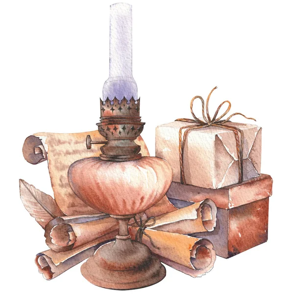 Vintage still life with oil lamp and parchment paper scrolls. — Stock Photo, Image