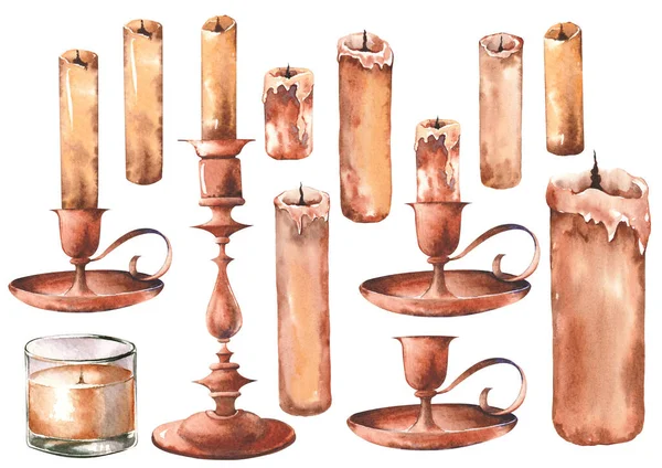 Set of old candles and candlesticks. — Stock Photo, Image
