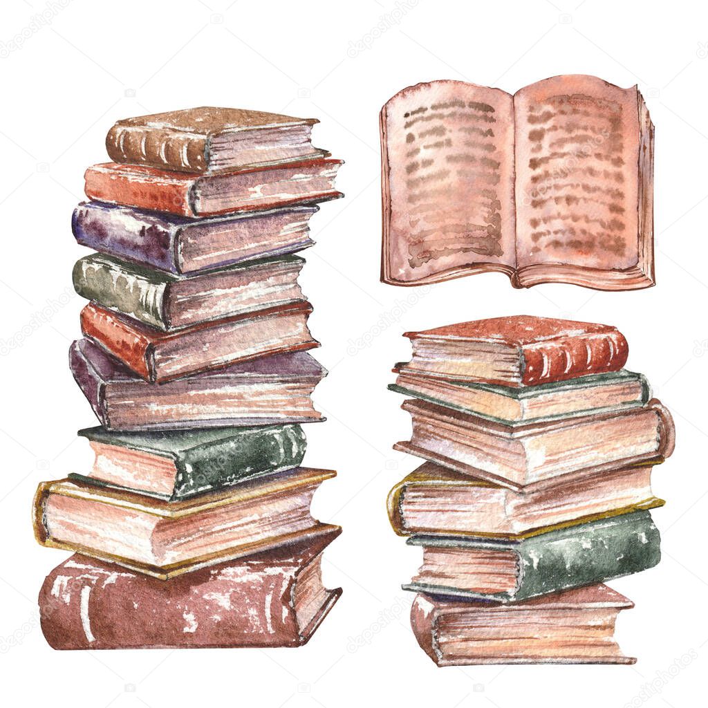 Stacks of old books. Watercolor isolated on white background.