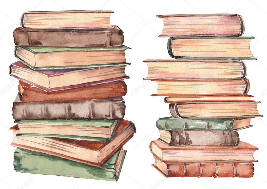 Stacks of books. Watercolor isolated on white background.