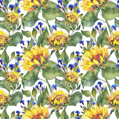 Ayçiçekleri ve mavi çiçeklerle kusursuz desen.