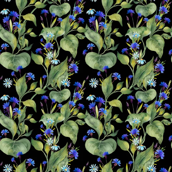 Seamless pattern with blue wildflowers and green leaves. —  Fotos de Stock