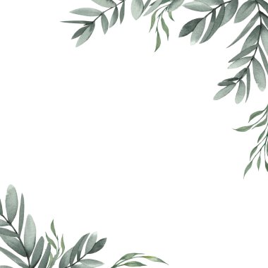 Yeşil yapraklı kare çerçeve ve beyaz arkaplanda dallar.