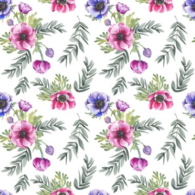 Renkli şakayık çiçekleri ve yaprakları olan kusursuz bir desen. Beyaz arkaplanda suluboya çizimi.