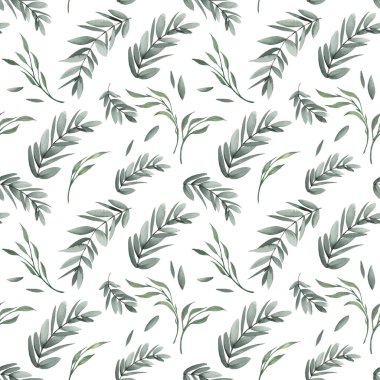 Yeşil yaprakları ve dalları olan kusursuz bir desen. Beyaz arkaplanda suluboya çizimi.