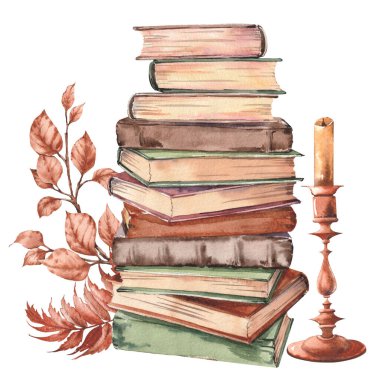 İçinde mum ve sonbahar yaprakları olan bir yığın eski kitap. Suluboya çizimi beyaz arkaplanda izole edildi.