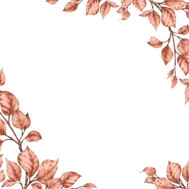 Orman yapraklı kare çerçeve. Suluboya çizimi beyaz arkaplanda izole edildi.
