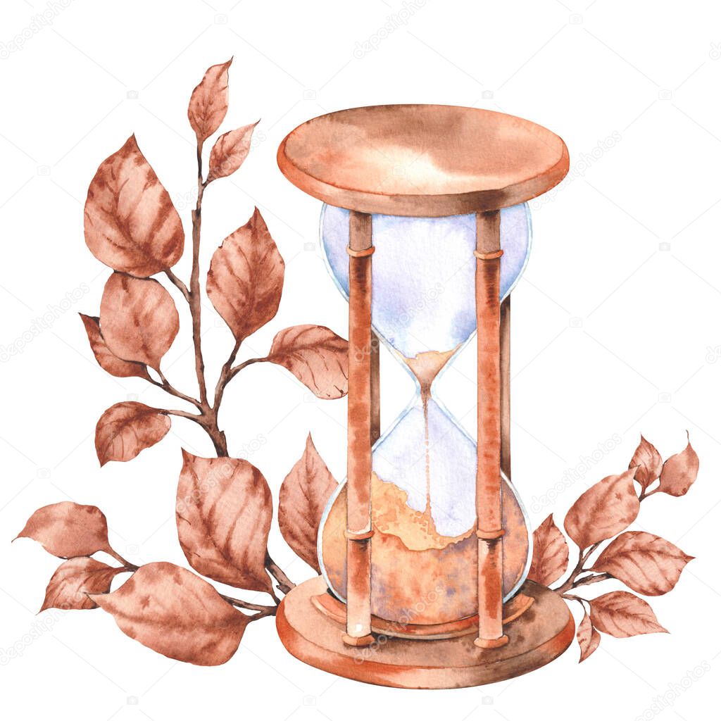 Vintage hourglass with autumn leaves. Watercolor illustration isolated on white background.