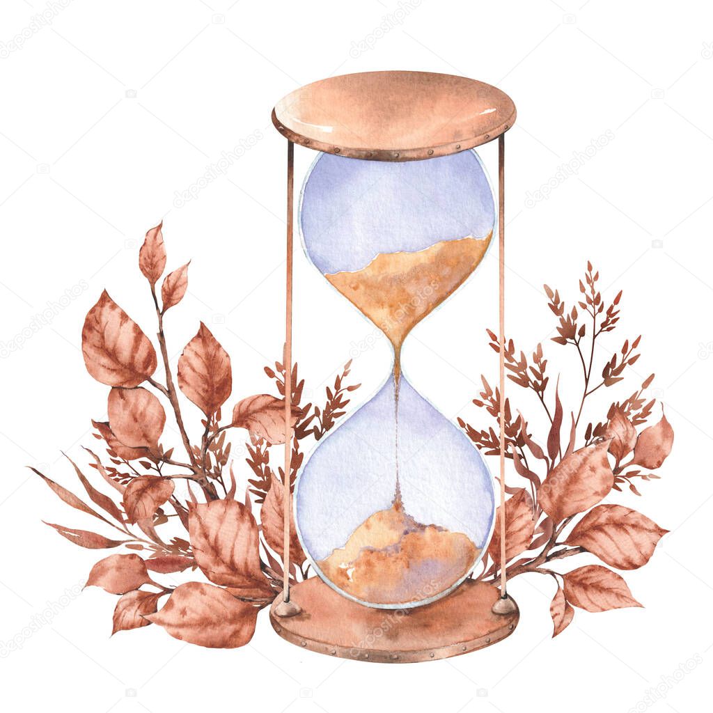 Vintage hourglass with autumn floral arrangement. Watercolor illustration isolated on white background.