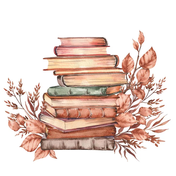 Old Books Autumn Leaves Arrangement Watercolor Illustration Isolated White Background — Stock Photo, Image