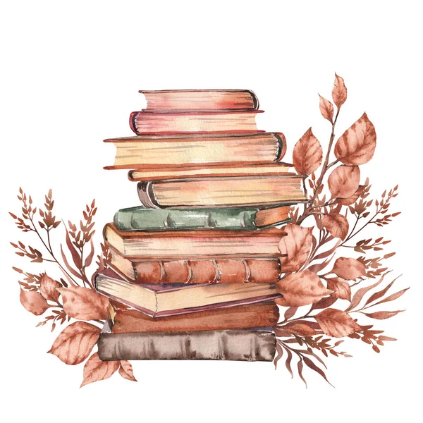 Old books and autumn leaves arrangement. Watercolor illustration isolated on white background.