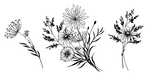 Set Black White Decorative Wildflowers Bouquets Hand Drawn Vector Illustration — Vector de stock