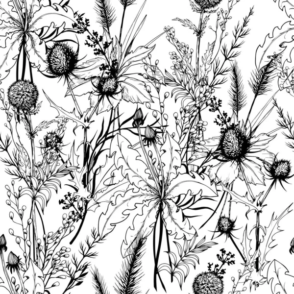 Seamless Pattern Black White Wildflowers Hand Drawn Vector Illustration — Stockvektor