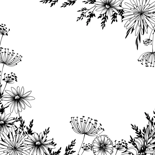 Square Floral Frame Decorative Wild Flowers Hand Drawn Black White — Stockvektor
