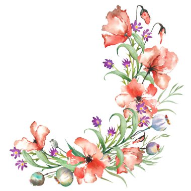 Red poppies and wildflowers demi wreath. Watercolor illustration isolated on white background.