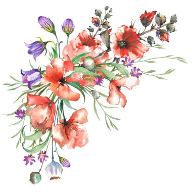 Red poppies and wildflowers bouquet. Watercolor illustration isolated on white background.