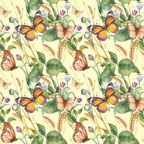 Seamless Pattern Wildflowers Green Leaves Butterflies Watercolor Illustration Light Green — Stockfoto