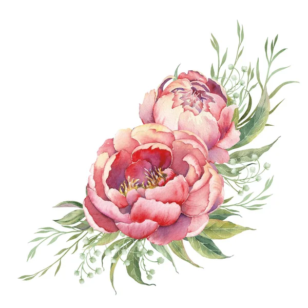 Pink Peony Bouquet Arrangement Watercolor Illustration Isolated White Background — ストック写真