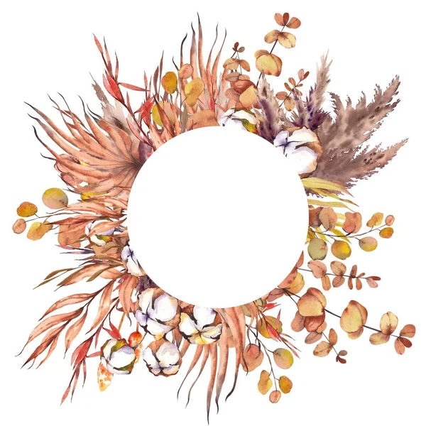 Boho round frame with pampas grass, dried leaves and cotton plants. Watercolor illustration on white background.