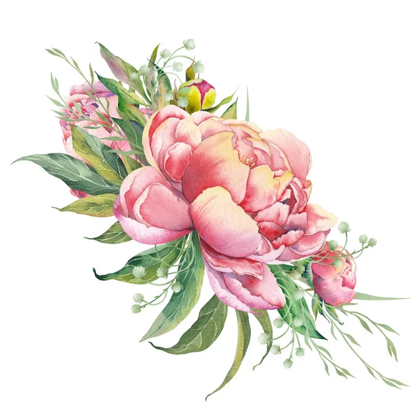 ピンクの牡丹の花の配置 白を基調とした水彩画 — ストック写真