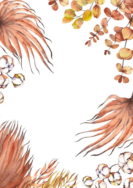 ユーカリやヤシの葉と熱帯のフレーム 白い背景の水彩イラスト — ストック写真
